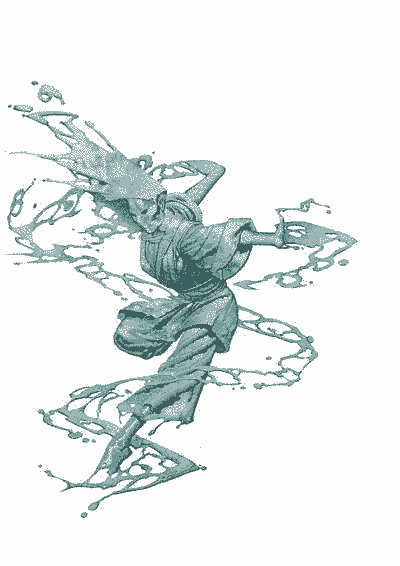 A dancing array of droplets swirls before you. In the midst of this storm stands a slender but extremely tall female clad in gray robes. She has no facial features other than her vivid blue eyes. With a graceful motion, she beckons to you.
